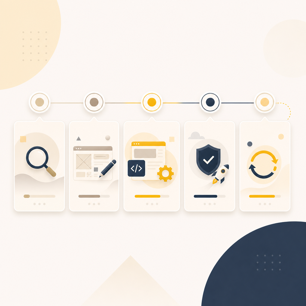 Illustration showing an implementation roadmap from discovery to launch for a course website and learning portal.