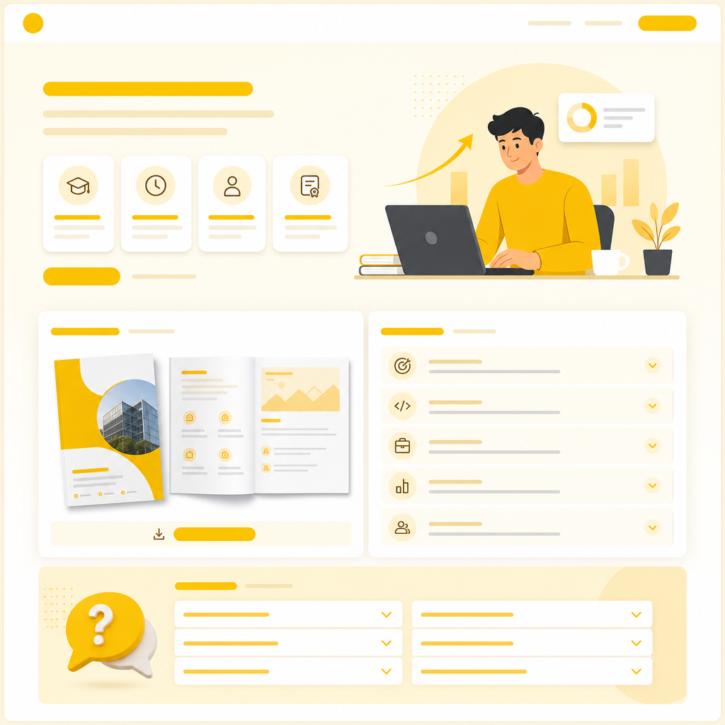 Illustration showing a career training program preview with curriculum modules and enrollment steps.