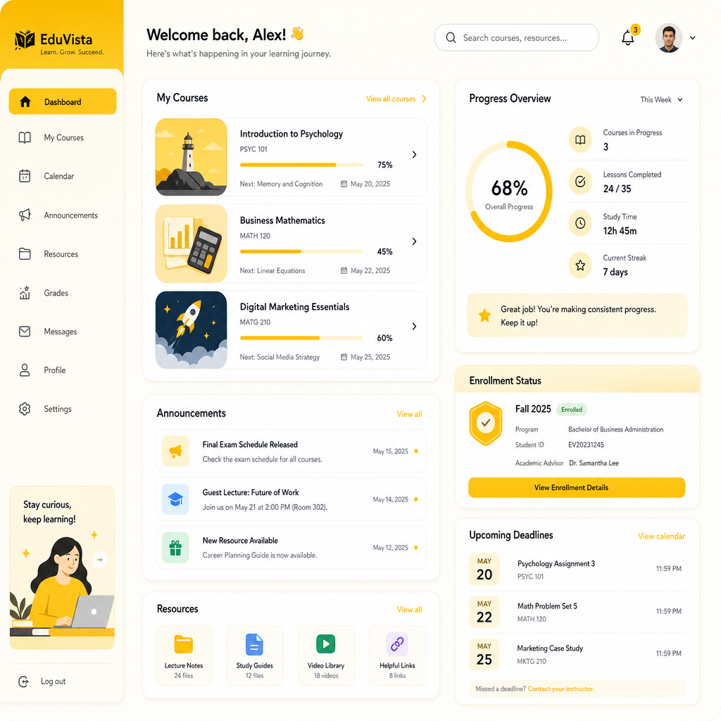 Illustration showing a learning portal and student dashboard experience.
