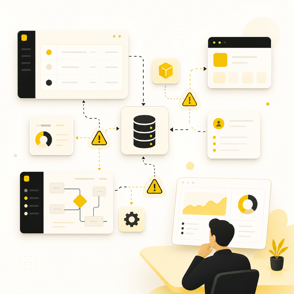 Illustration representing mismatched CRM/ERP workflows and scattered reporting signals.