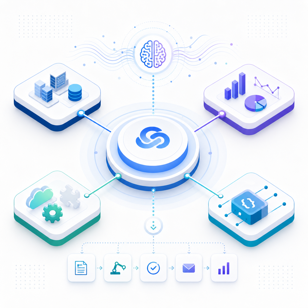Illustration showing a unified custom platform connecting ERP, BI dashboards, and integrations.