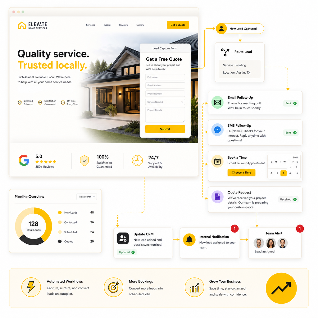 Illustration of a website connected to business automation workflows for leads, quotes, bookings, CRM updates, and notifications.
