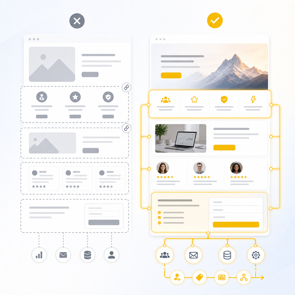 Illustration comparing template limitations to a custom conversion and automation-ready website system.