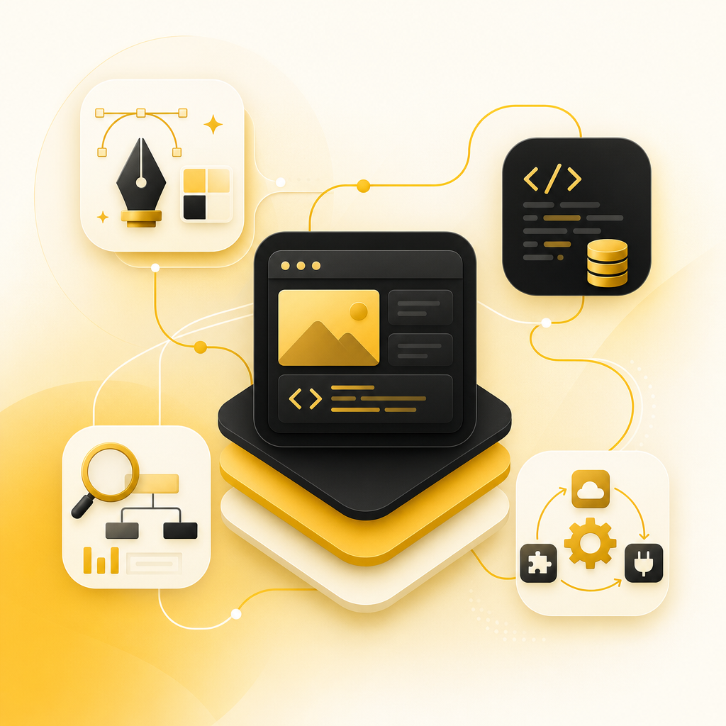 Illustration of connected web design and development capabilities with SEO and automation elements in a clean modern style.