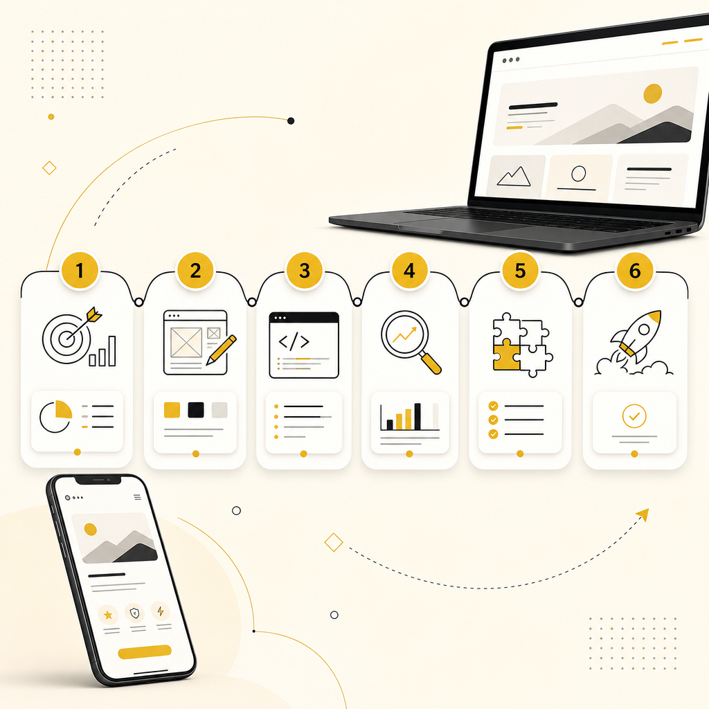 Illustration depicting a six-step custom development roadmap for personal brand website delivery.