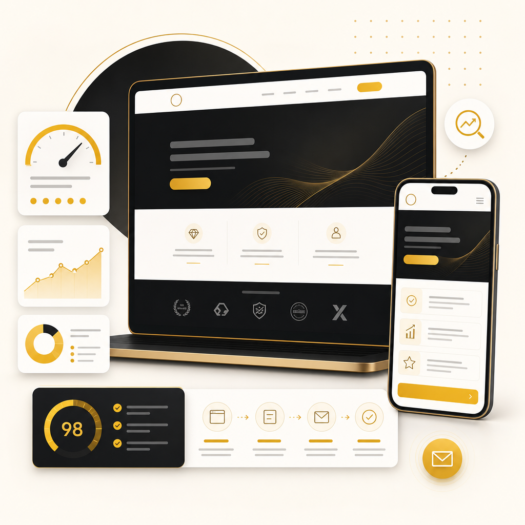 Illustration showing a premium personal brand website dashboard with performance and SEO indicators and a conversion-focused layout.