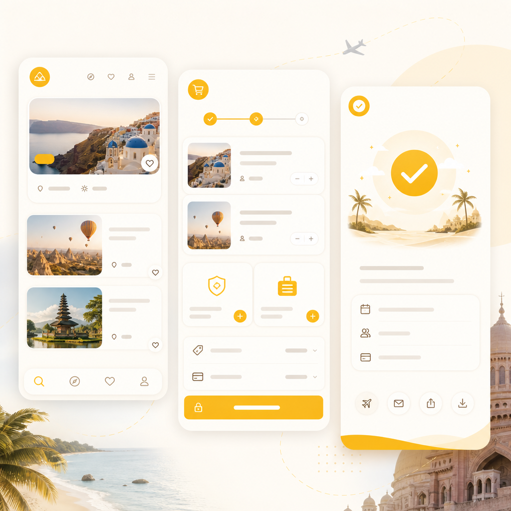 Illustration representing ecommerce functionality for tours, packages, and rentals including catalog, cart, checkout, and payments.