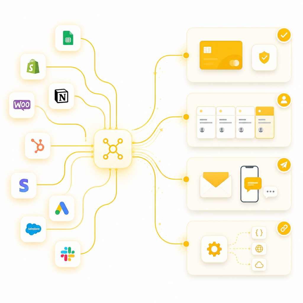 Illustration representing integrations and automation for a travel business, including payments, CRM routing, and API connections.