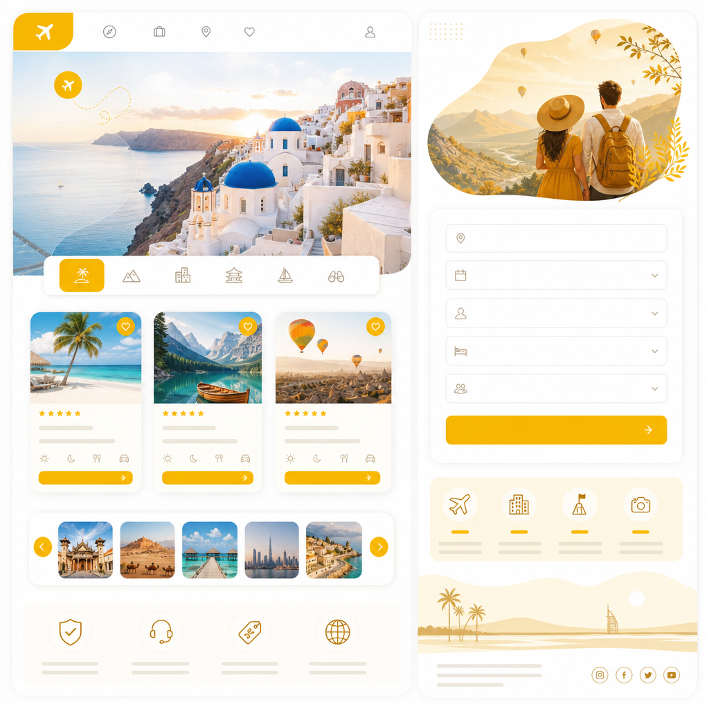 Illustration representing conversion-focused travel website modules such as package pages, galleries, and booking paths.