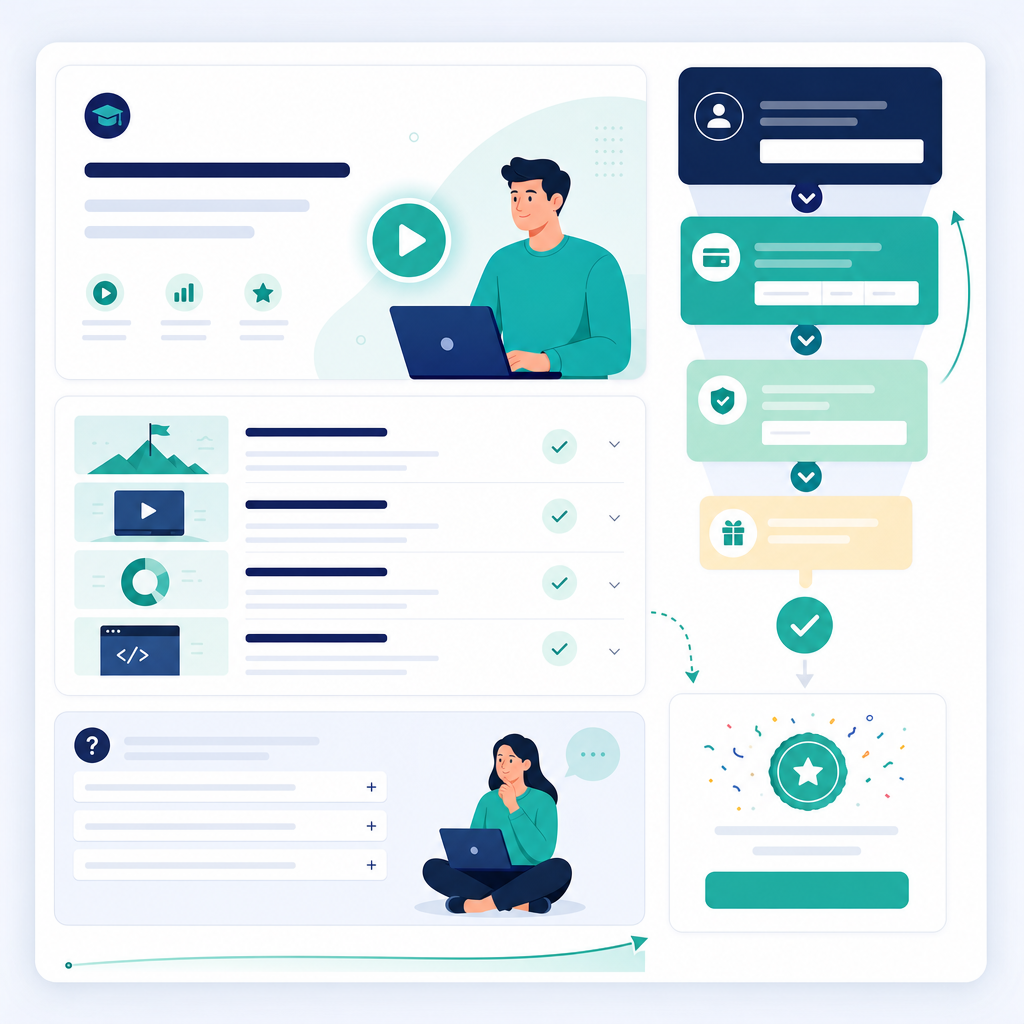 Illustration of course page SEO converting traffic into enrollments with an enrollment funnel and checklist UI.