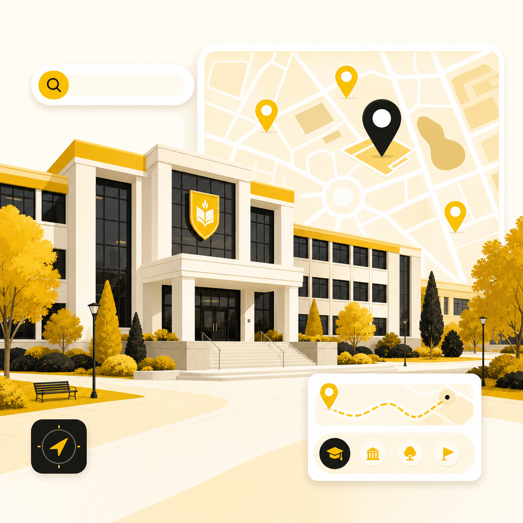 Illustration of local SEO for education, showing a campus and map location pins.