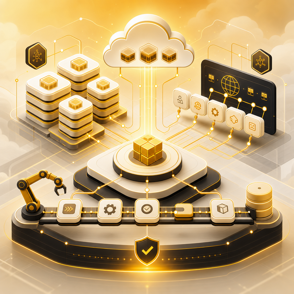 Illustration showing resilient cloud-native services with scalable components, API connections, and automation pipeline flow.