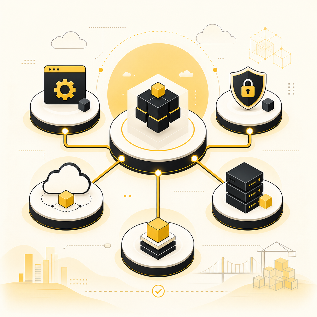 Illustration representing an MSP partnership workflow for platform engineering with connected delivery, APIs, security, and deployment elements.