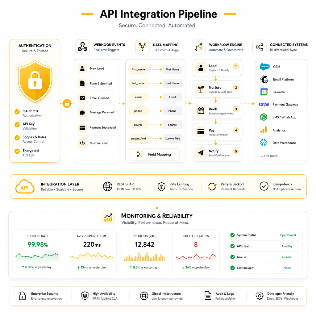 Illustration of API integration services with secure syncing, webhooks, data mapping, automated workflows, and monitoring.