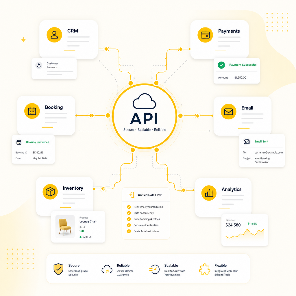 Illustration of enterprise tools connected via API integrations for CRM, payments, booking, email, inventory, and analytics.