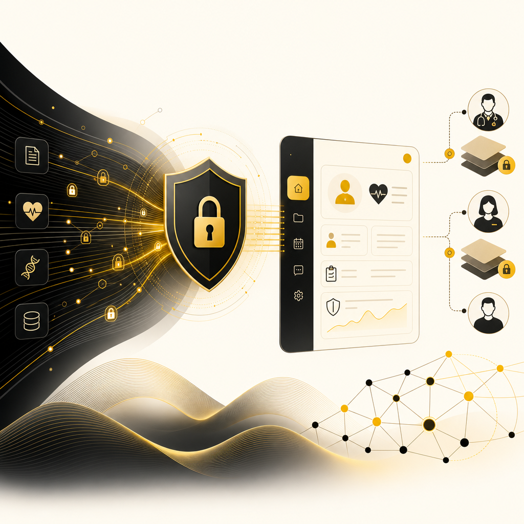 Illustration highlighting security, performance, and scalability with encrypted data, secure access, and scalable infrastructure cues.
