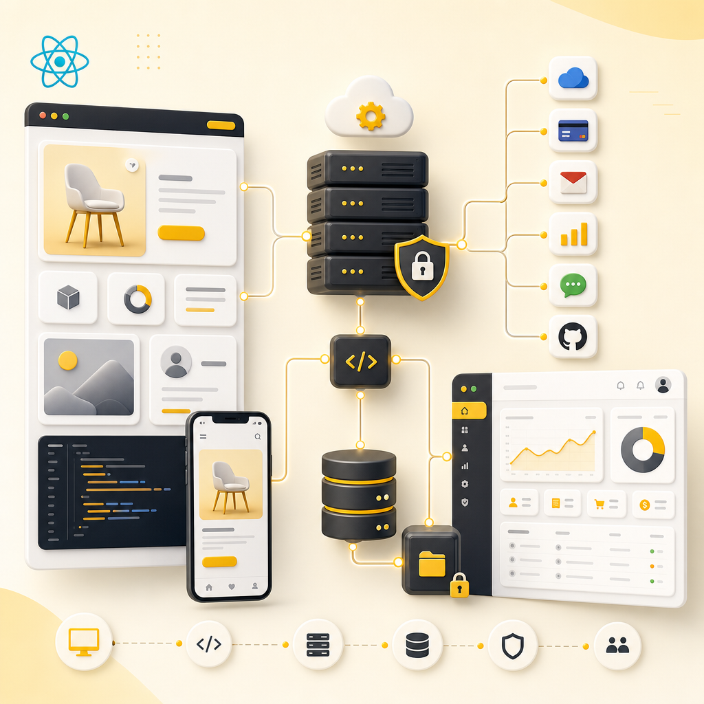 Illustration showing an end-to-end full-stack system: front-end UI, back-end services, database, APIs, dashboards, and integrations.