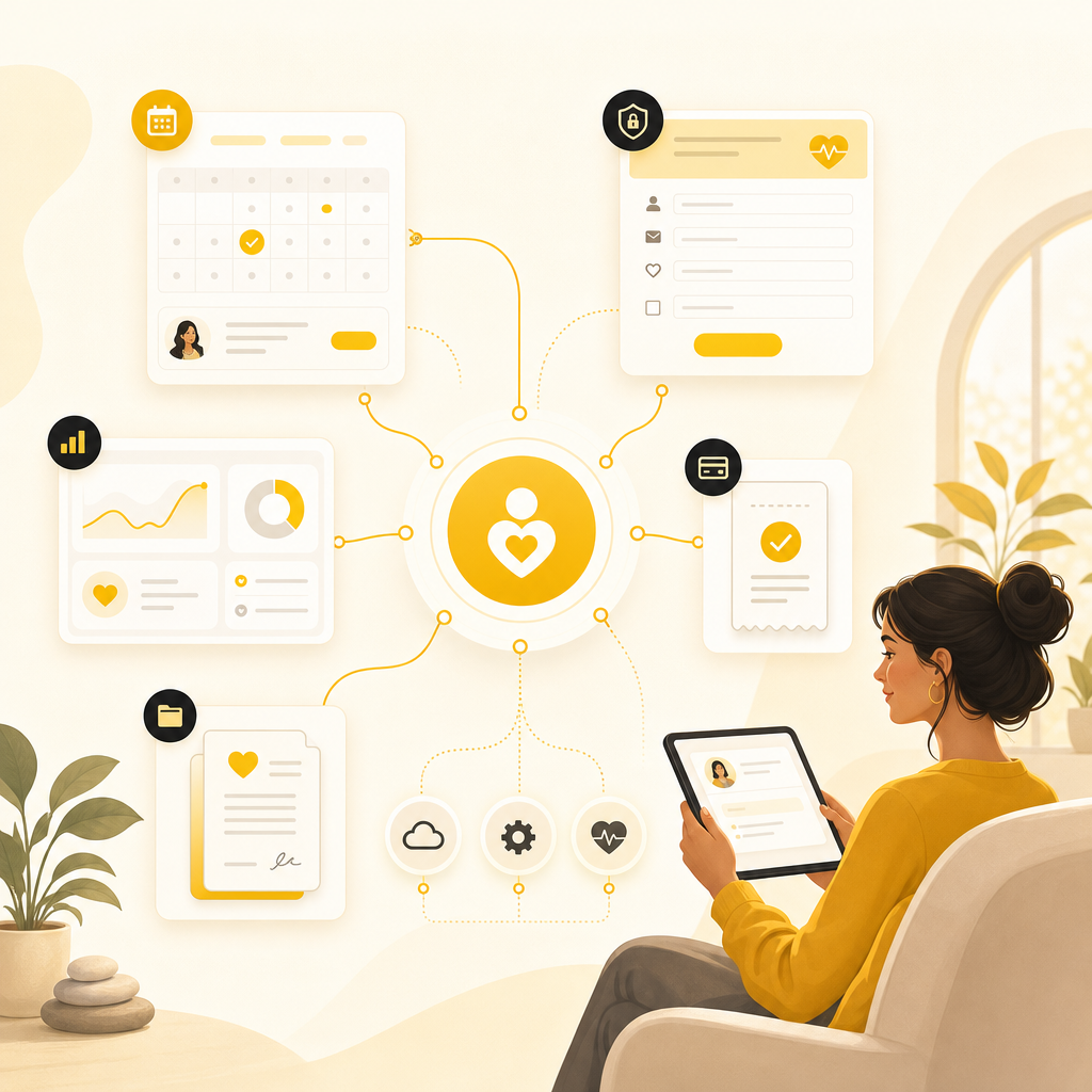 Illustration showing connected healthcare workflows like scheduling, secure intake, dashboards, payments, and patient portal integrations.