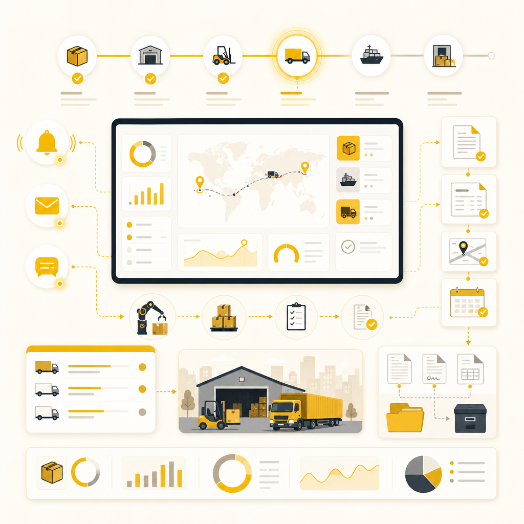 Illustration showing automated logistics workflows like status updates, notifications, dispatch tasks, and document lifecycle handling.