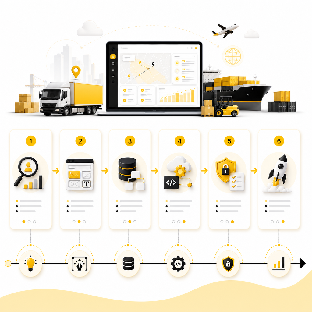 Illustration of a step-by-step lifecycle for delivering a logistics full-stack platform, from discovery to launch and maintenance.