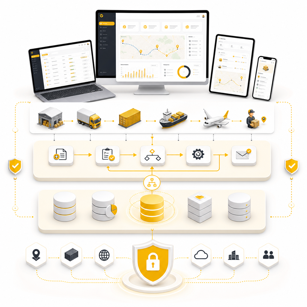 Illustration representing the full-stack logistics system layers: UI, workflows, databases, APIs, and security.