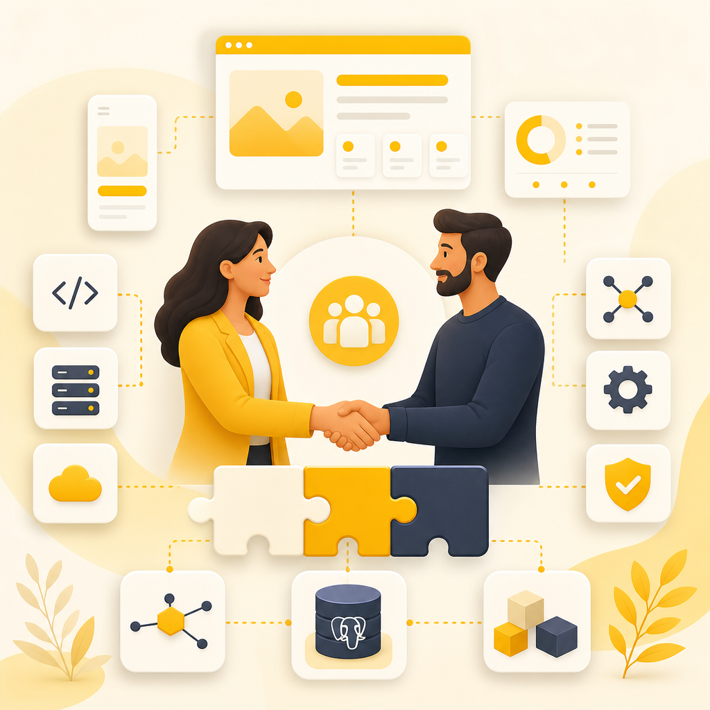 Illustration symbolizing end-to-end full stack partnership across UI, APIs, and Postgres.