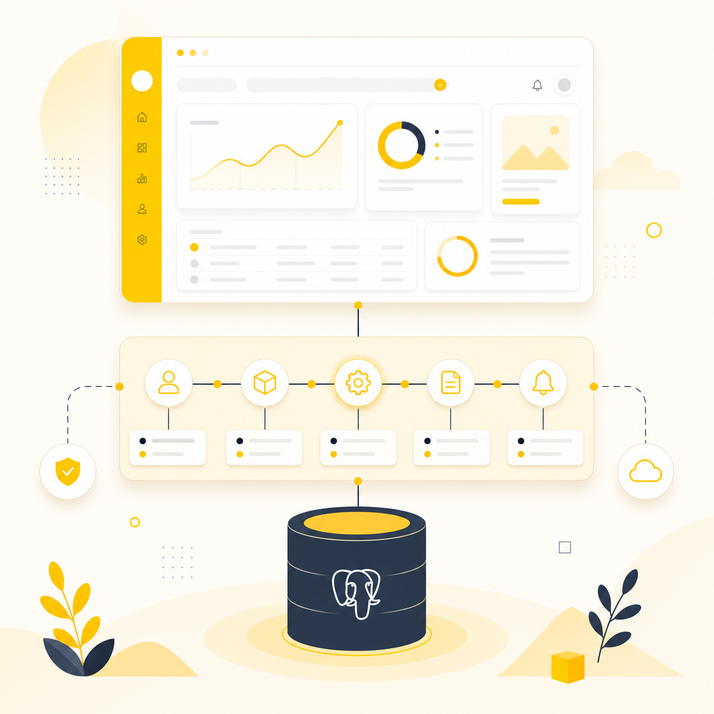Illustration of a SaaS MVP architecture with frontend UI, backend APIs, and a Postgres database layer.