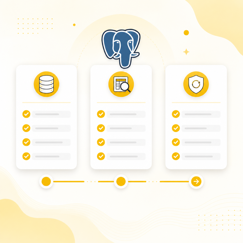 Illustration of a Postgres setup checklist covering data modeling, performance, and reliability.