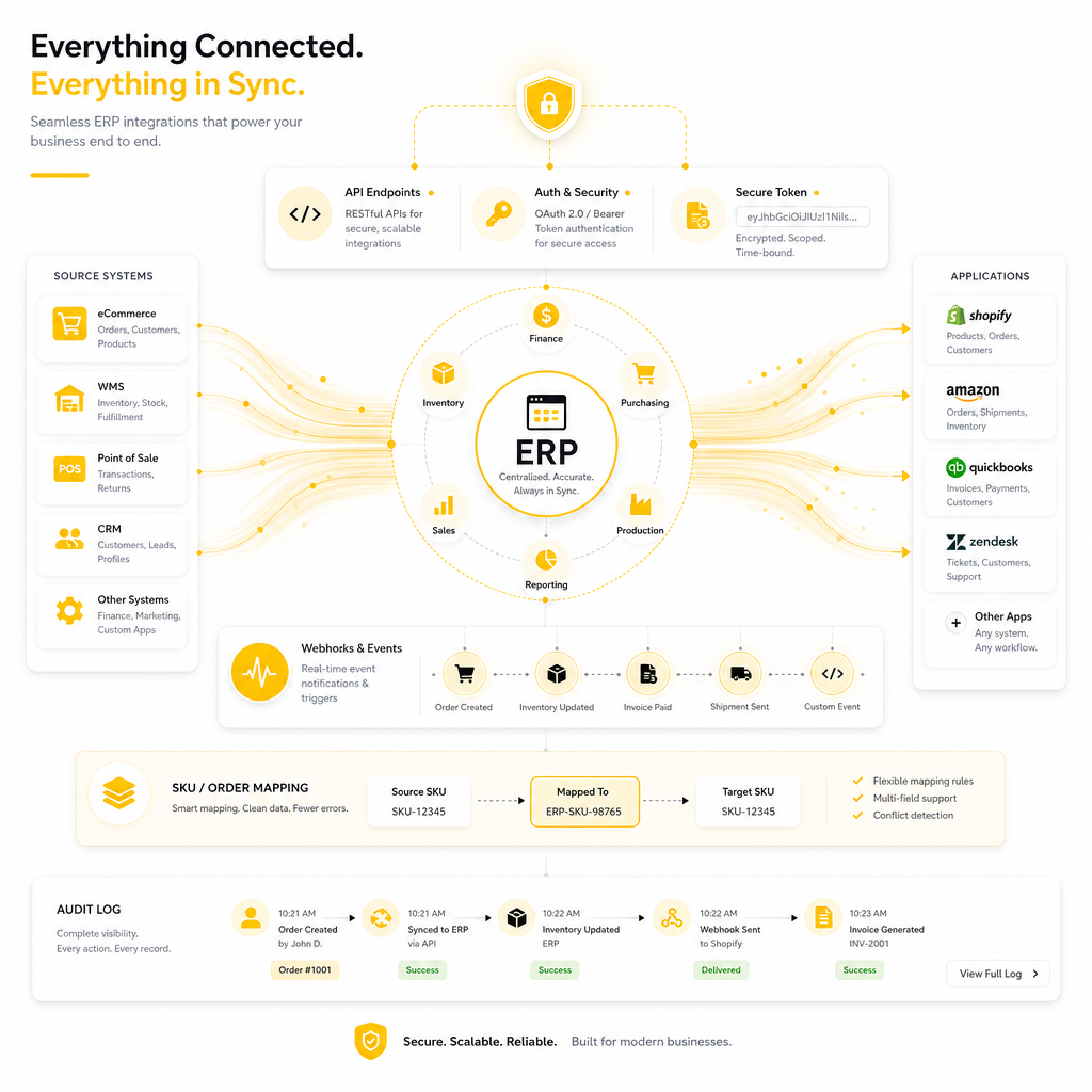 Illustration of secure ERP integration components with API connections, webhooks, and audit log flow.