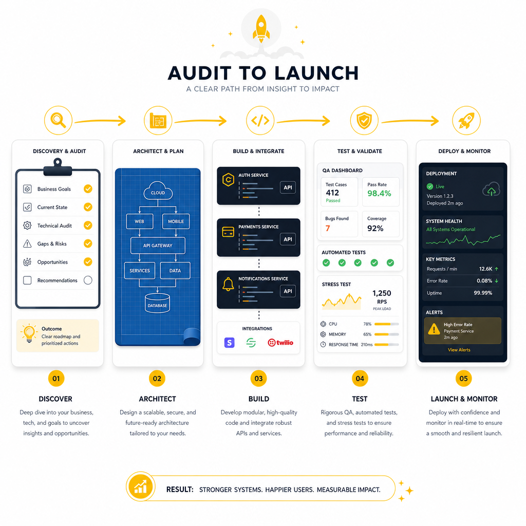 Illustration of the ERP integration process from discovery and API design through QA and deployment monitoring.
