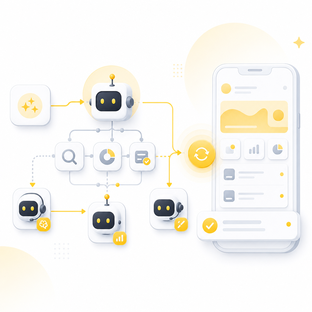 Illustration of AI automation and workflow systems improving a mobile app by reducing manual work.