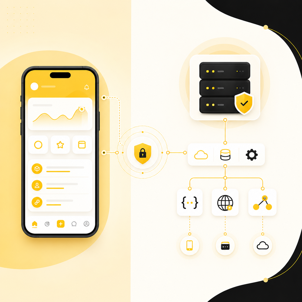Illustration showing full-stack mobile development with a mobile front-end connected to a secure back-end and APIs.
