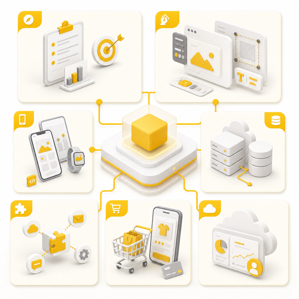 Illustration of full-stack mobile development services as interconnected modules for planning, UX, app build, APIs, and scalable platforms.