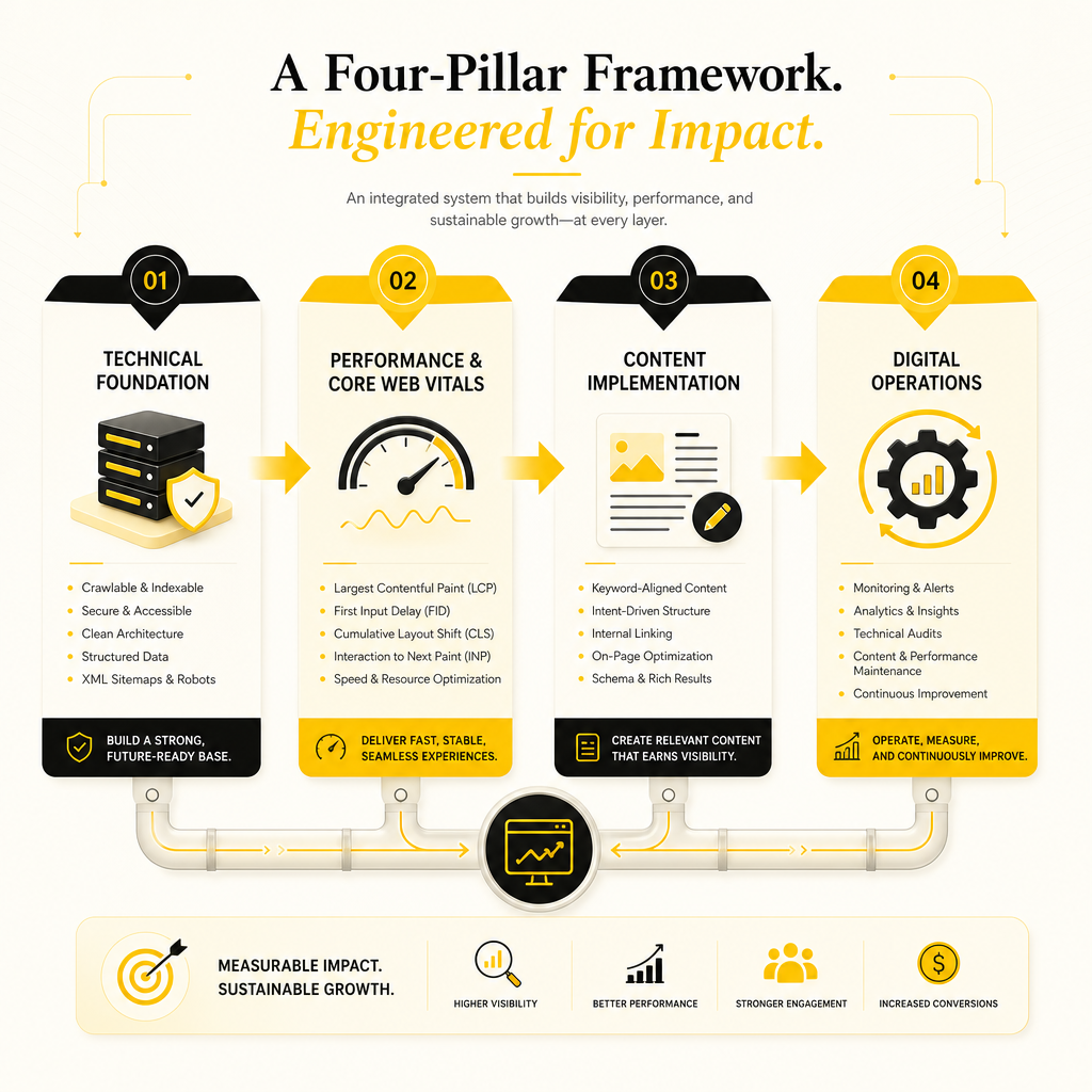 Illustration showing the full-stack SEO framework with four connected stages.