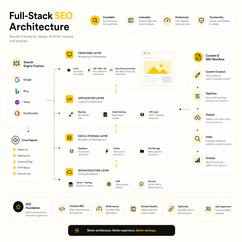 Illustration representing full-stack SEO across server, database, frontend rendering, and content workflows.