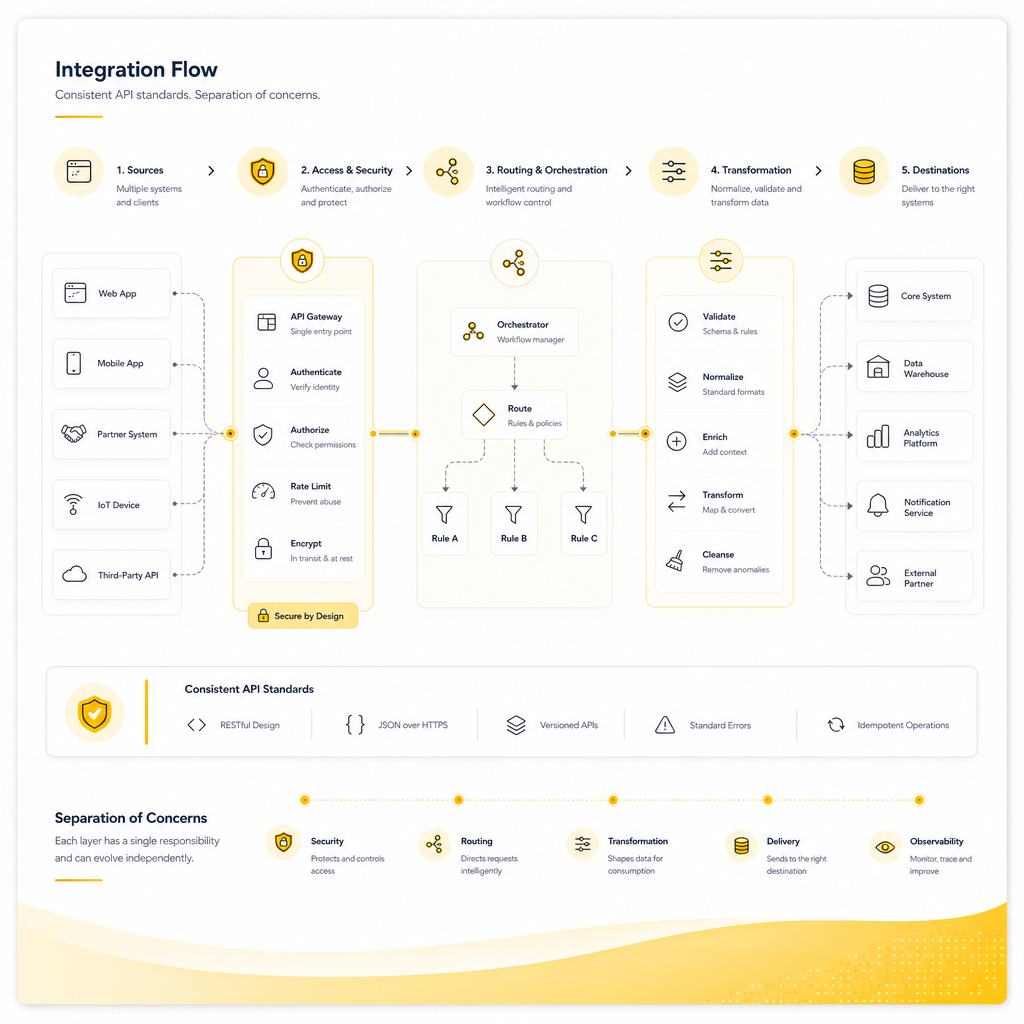 Illustration of structured MuleSoft-style integration flows with routing, security gates, and transformation steps.