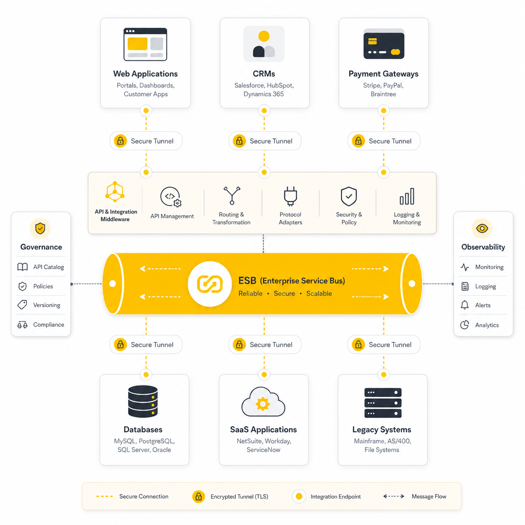 Illustration showing connected API integration systems and middleware links for MuleSoft-style and ESB-based workflows.