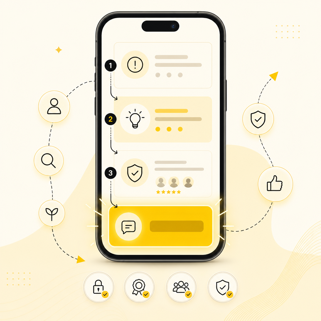 Illustration of a mobile conversion flow turning visitors into quote requests with clear CTA and trust elements.