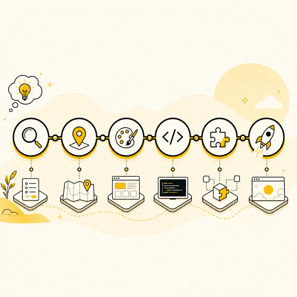 Illustration of a website development process roadmap from idea to live site with connected steps.