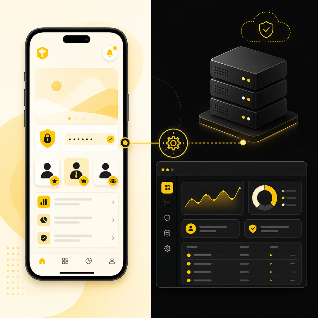 Illustration showing how mobile app development connects to full-stack back-end APIs and workflows.