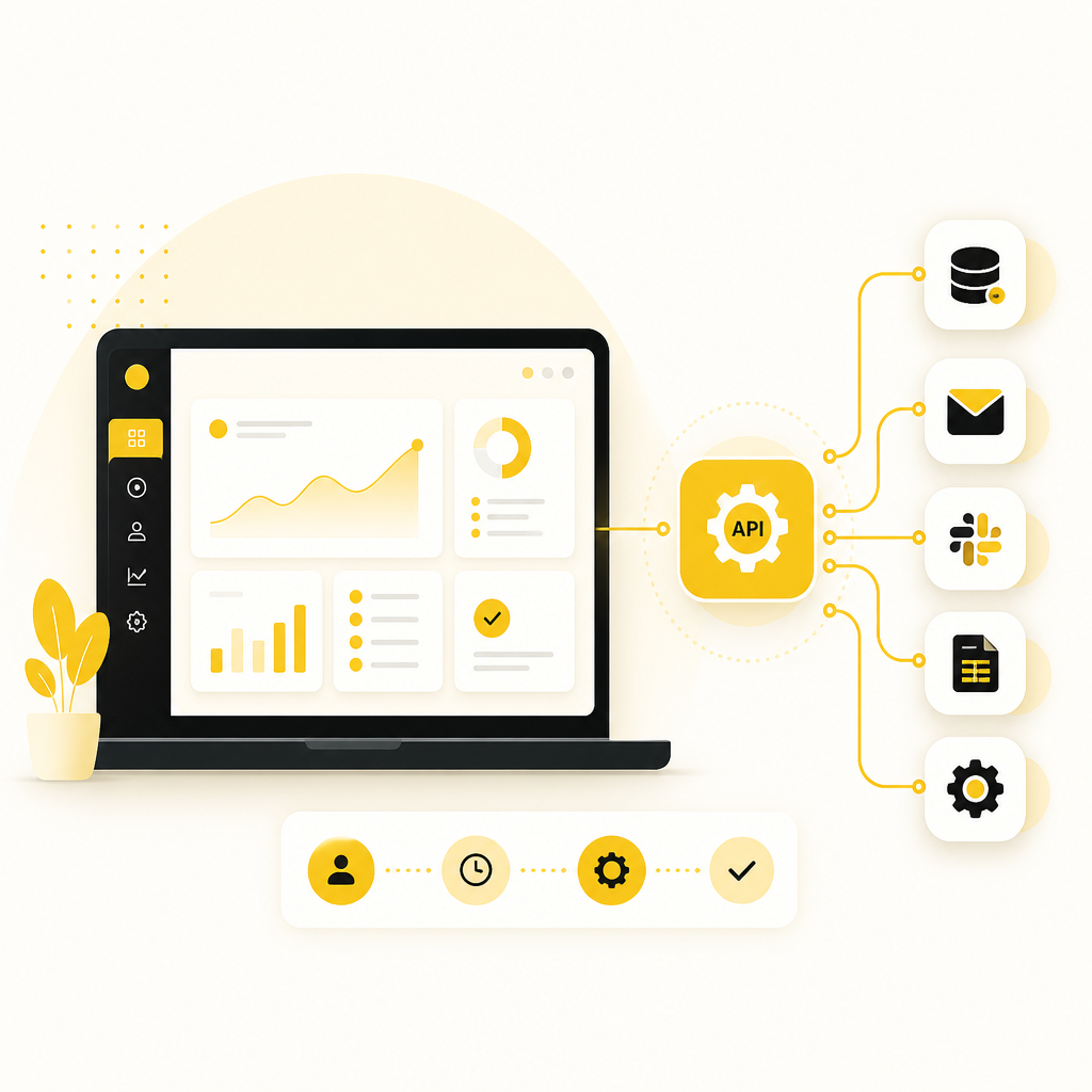 Illustration representing custom software development for SMBs, including web portals, API integrations, and workflow automation.