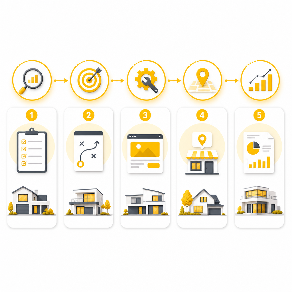 Illustration representing an SEO services workflow for local rankings and lead growth.