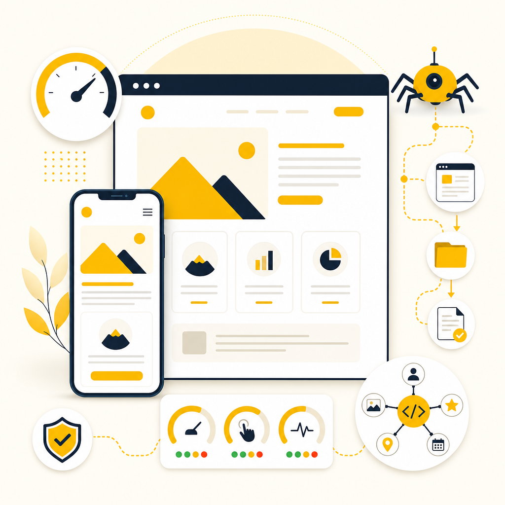 Illustration representing technical SEO foundations like crawlability, speed, mobile UX, and schema.