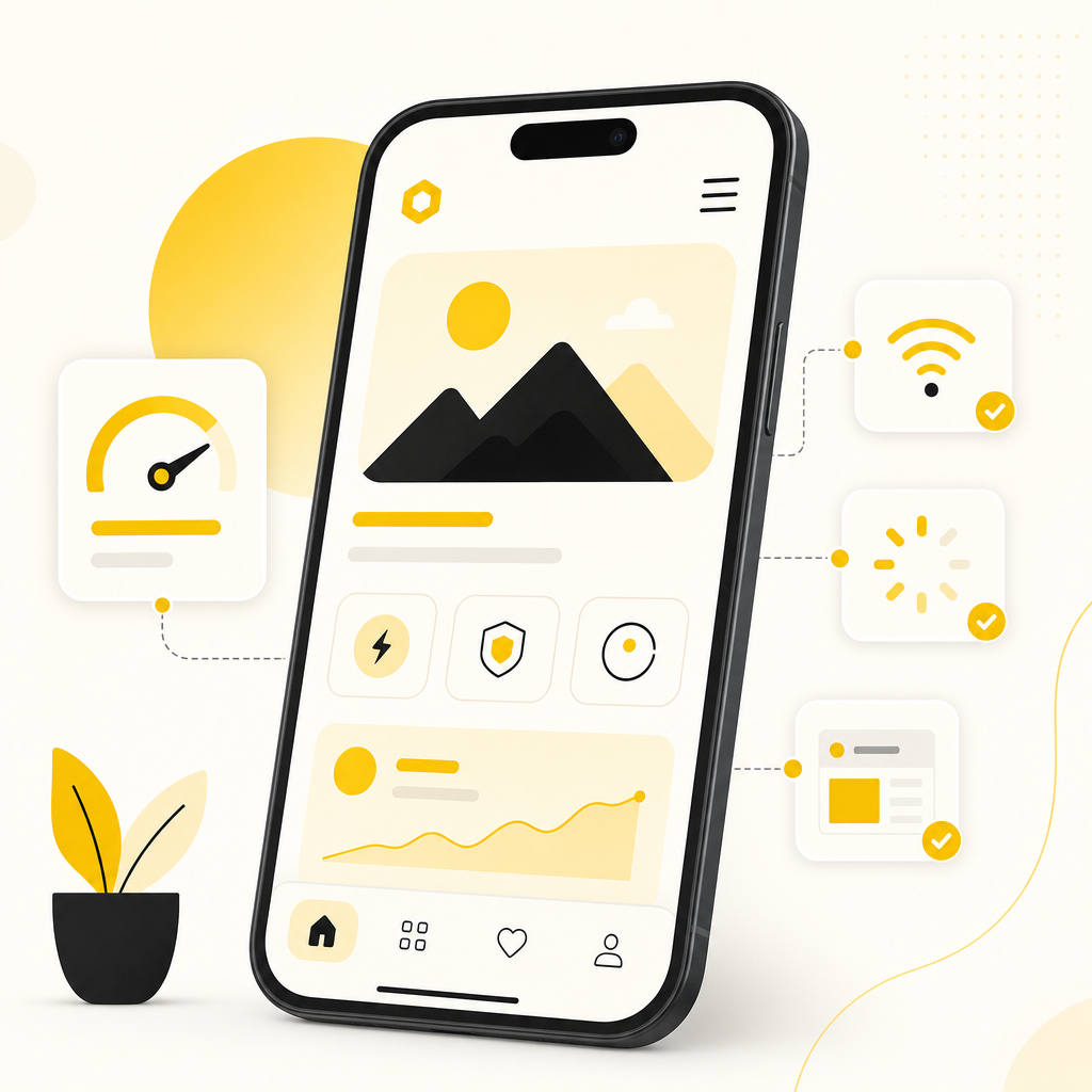Illustration of a mobile-first website experience with fast, thumb-friendly UI and clean navigation.