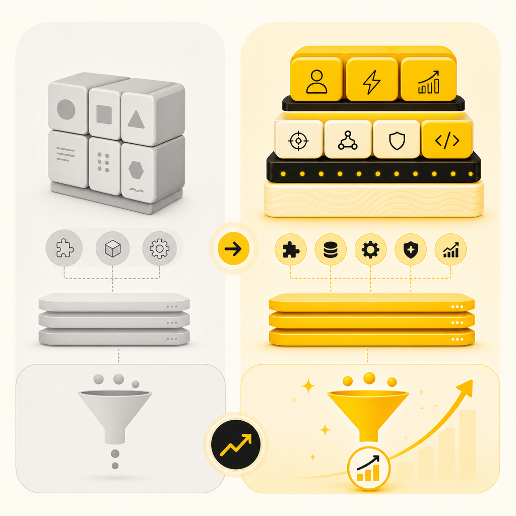 Illustration comparing template-based development and scalable custom-coded website development.