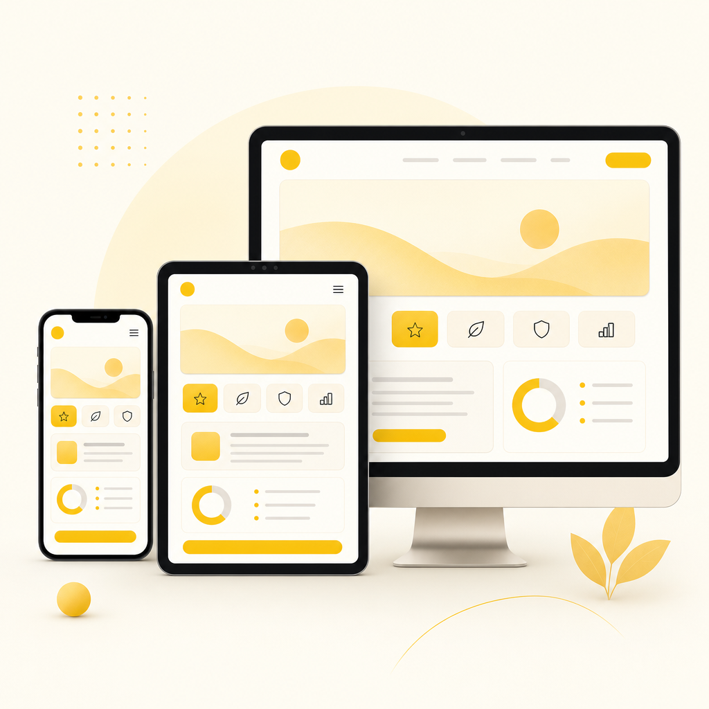 Illustration of responsive website design adapting across phone, tablet, and desktop.
