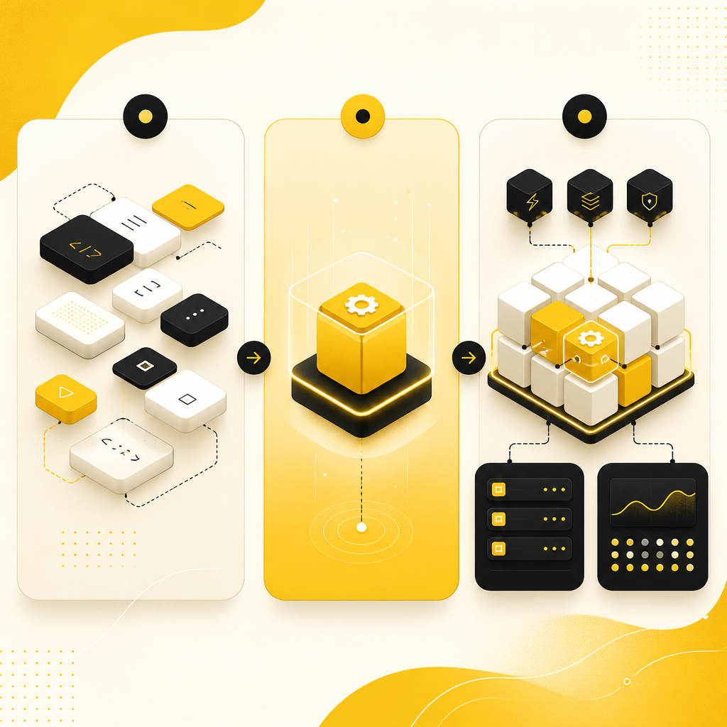 Illustration showing a hybrid MVP-to-full-stack transition flow with custom core extraction and scalable system hardening.