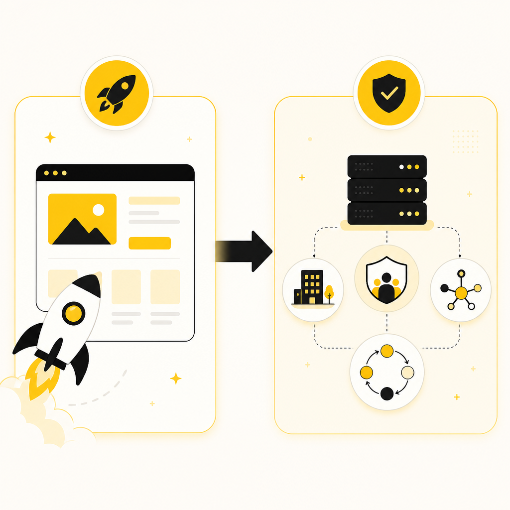 Illustration comparing no-code versus full-stack using a decision framework with speed and durability icons.