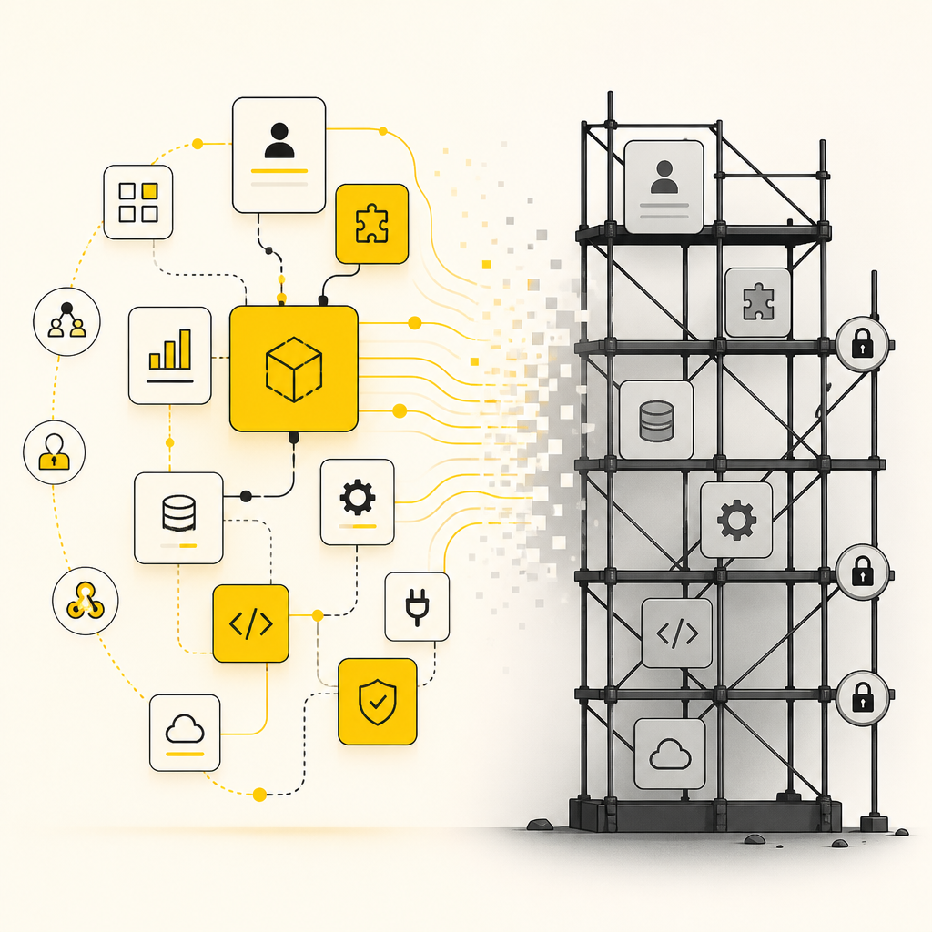 Illustration representing the limits of no-code as SaaS complexity grows and requires deeper customization and reliability.