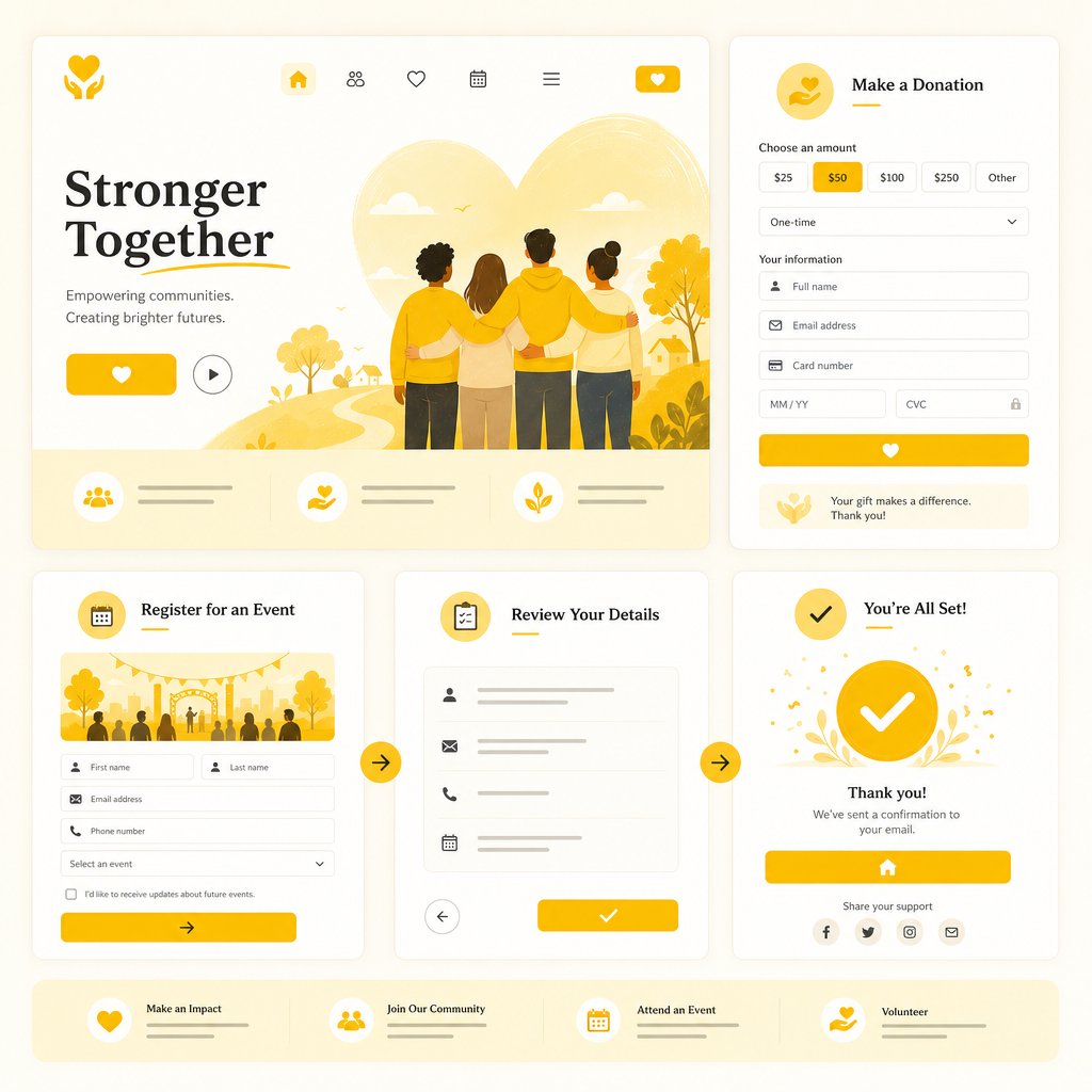 Illustration of a nonprofit website donation and registration form flow showing organized fields and confirmation.